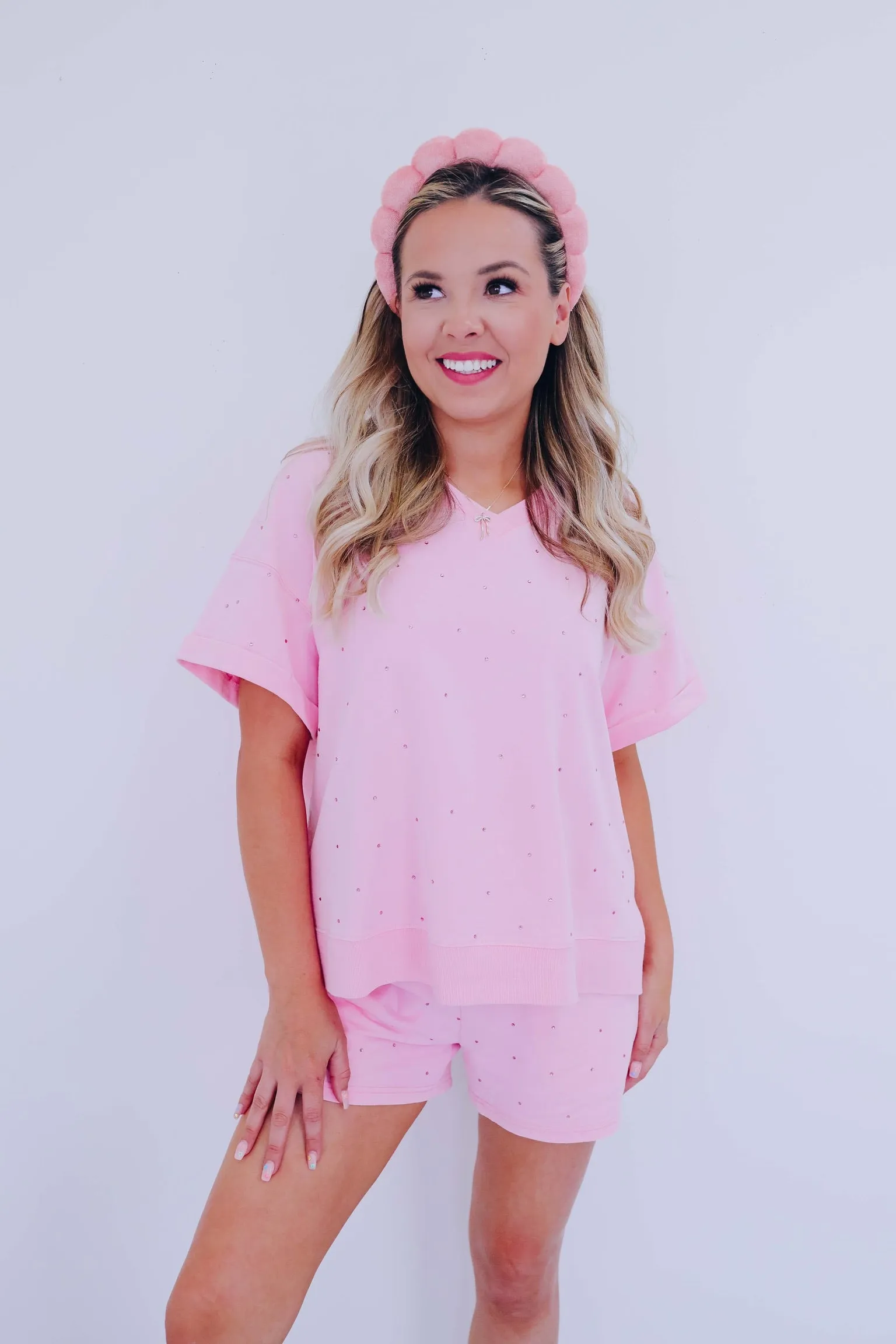 Sparkle On V-Neck Top - Light Pink