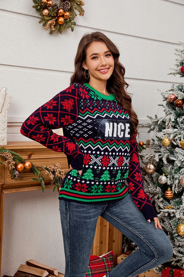 Sparkling Sequin Embroidery Jacquard Christmas Sweater for Festive Elegance