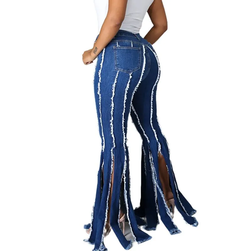 Split Tassel Jeans Flared Pants Women Blue Streetwear Denim Trousers Lady Solid Color Denim Jeans Fashion Denim Boot Cut Pants
