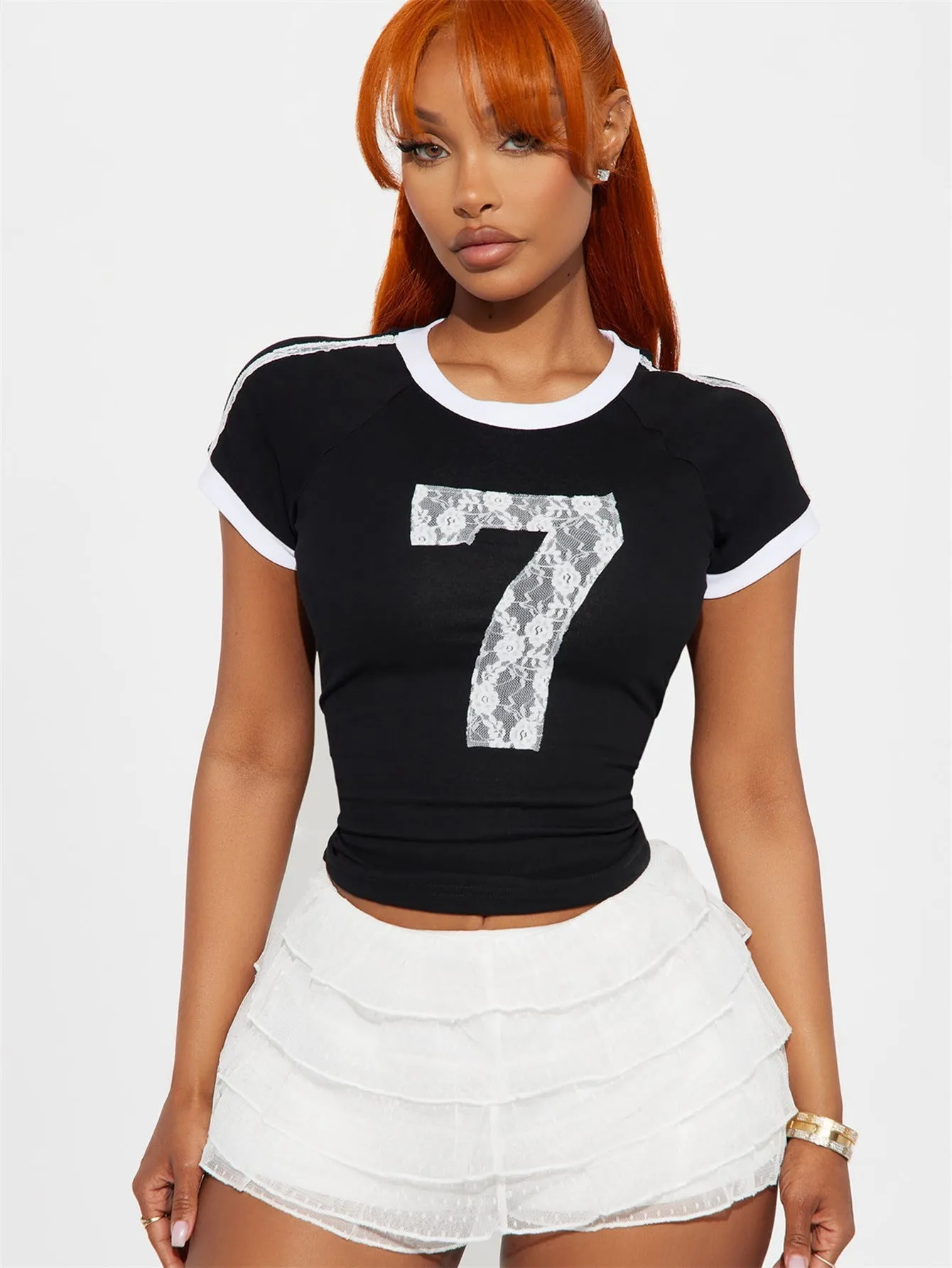 Sporty Chic Number Print Slim Fit Short Sleeve Tee