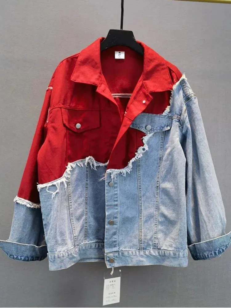 Streetwear-inspired denim patchwork jacket - Casual wear for everyday comfort - Ideal for layering