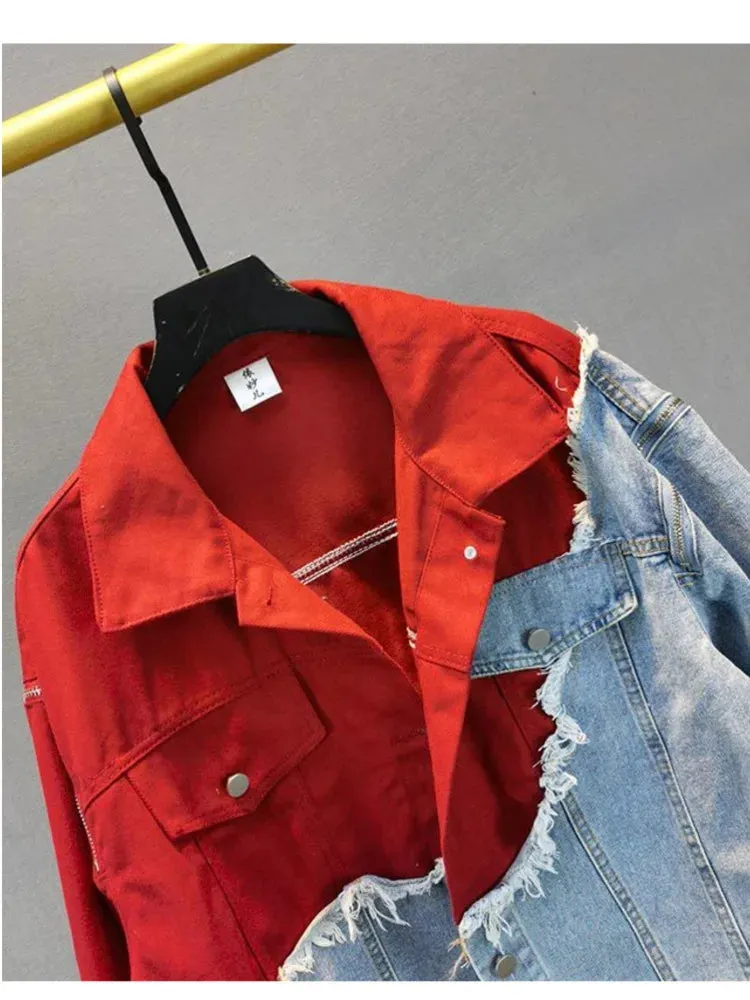 Streetwear-inspired denim patchwork jacket - Casual wear for everyday comfort - Ideal for layering