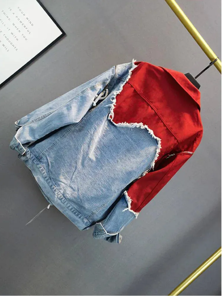 Streetwear-inspired denim patchwork jacket - Casual wear for everyday comfort - Ideal for layering