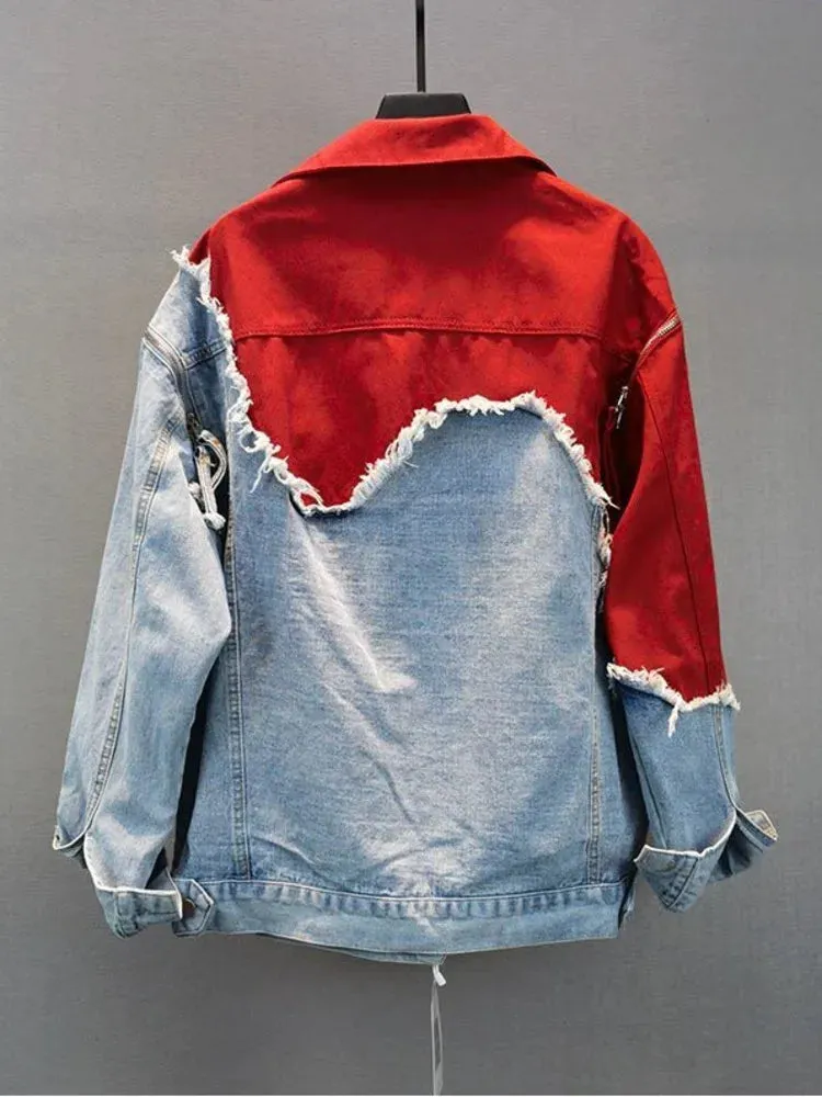 Streetwear-inspired denim patchwork jacket - Casual wear for everyday comfort - Ideal for layering