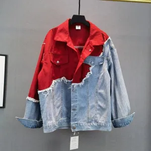 Streetwear-inspired denim patchwork jacket - Casual wear for everyday comfort - Ideal for layering