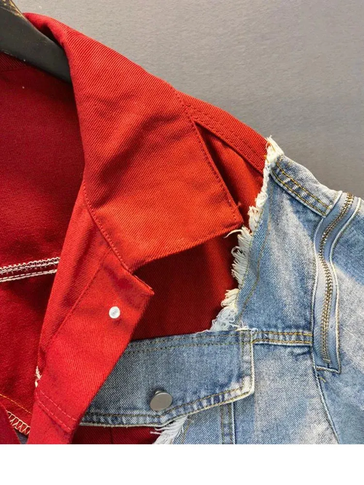 Streetwear-inspired denim patchwork jacket - Casual wear for everyday comfort - Ideal for layering