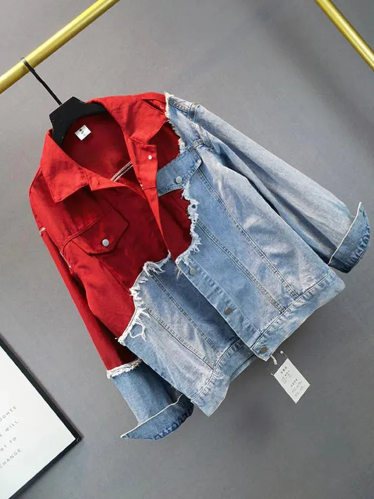 Streetwear-inspired denim patchwork jacket - Casual wear for everyday comfort - Ideal for layering