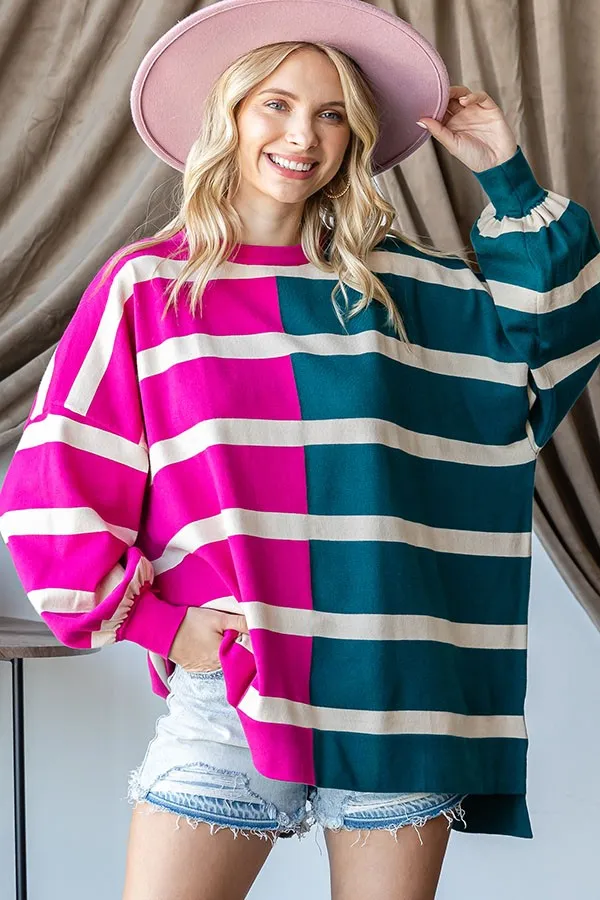 Striped Two Tone Oversized Sweater (S-3X)