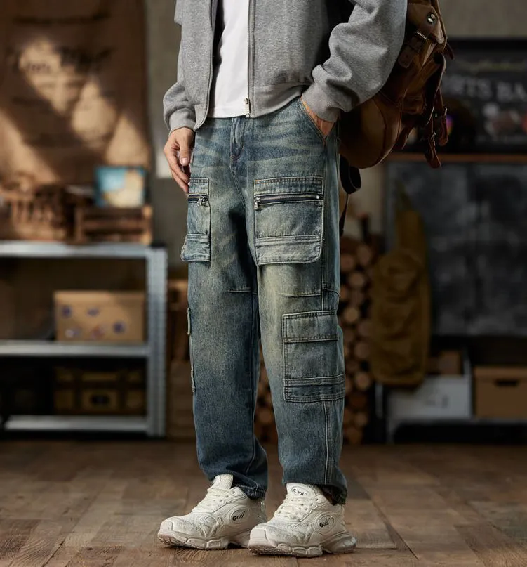 Stylish Loose-Fit Cargo Jeans with Zipper Pockets