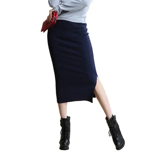 Summer Autumn Sexy Chic Pencil Skirts Office Mid Waist Mid-Calf Solid Skirt Casual Slim Hip Placketing Lady Skirts