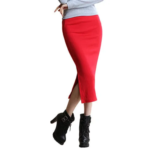Summer Autumn Sexy Chic Pencil Skirts Office Mid Waist Mid-Calf Solid Skirt Casual Slim Hip Placketing Lady Skirts