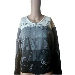 TALBOTS Vintage Zip-up Cardigan Grey Cream Sweater Size M