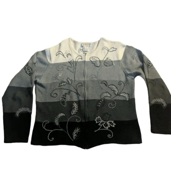 TALBOTS Vintage Zip-up Cardigan Grey Cream Sweater Size M