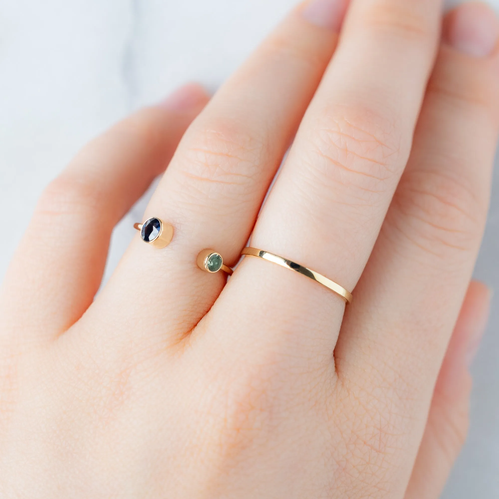 The Open Cuff Blue   Green Sapphire Ring | 14K Yellow Gold