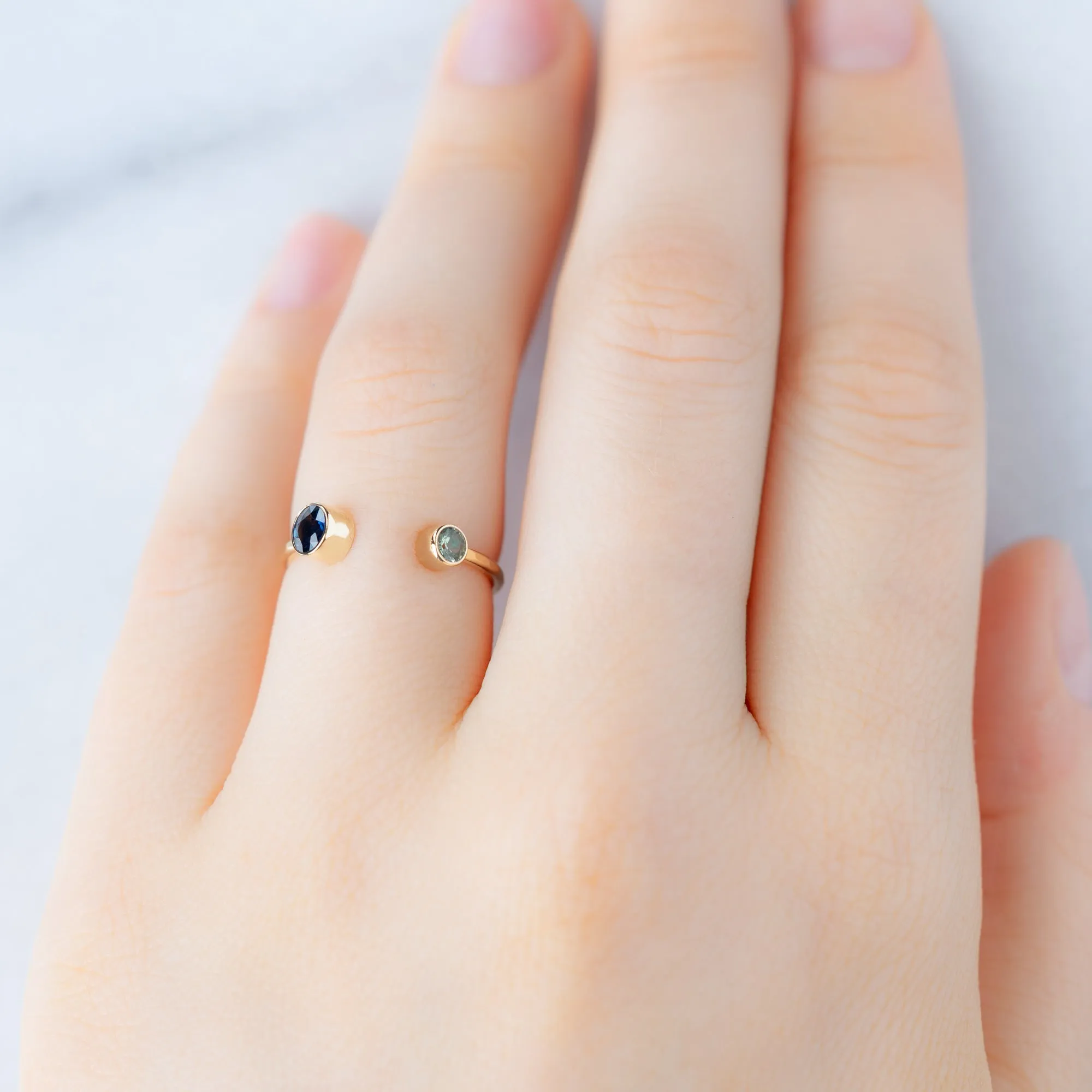 The Open Cuff Blue   Green Sapphire Ring | 14K Yellow Gold