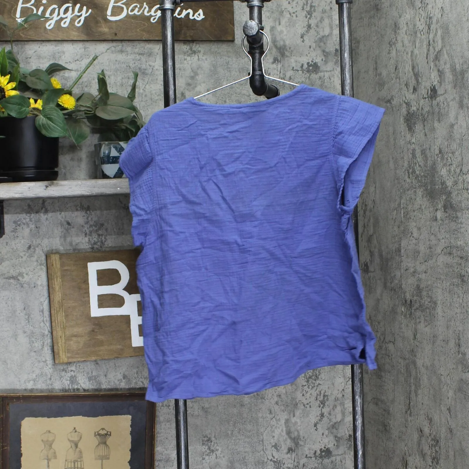 Three Dots Short Sleeve V-Neck Double Layer Cotton Gauze Shirt Periwinkle Blue L