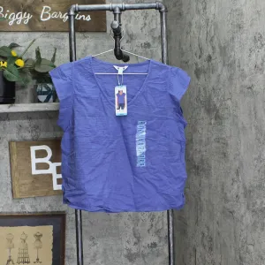Three Dots Short Sleeve V-Neck Double Layer Cotton Gauze Shirt Periwinkle Blue L