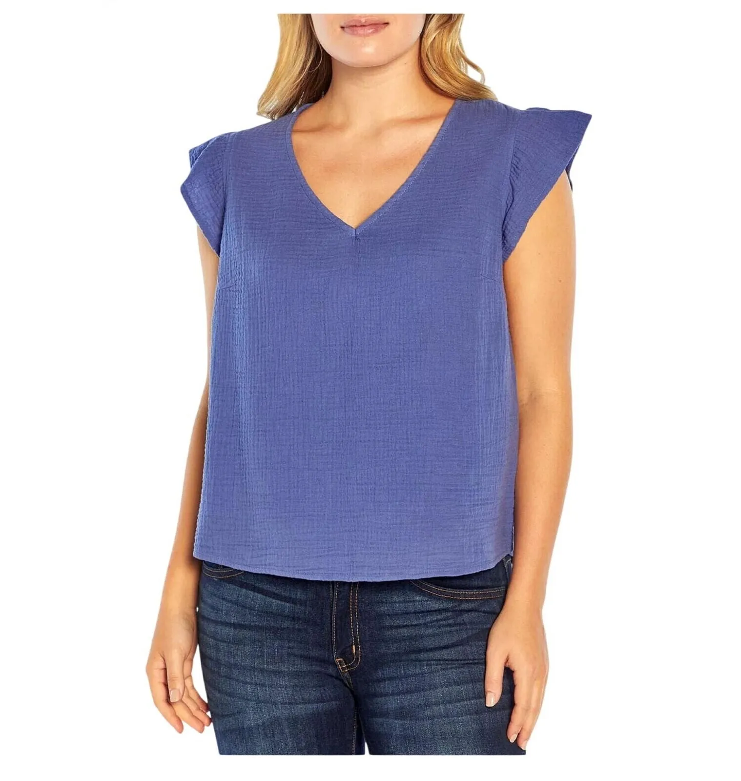 Three Dots Short Sleeve V-Neck Double Layer Cotton Gauze Shirt Periwinkle Blue L