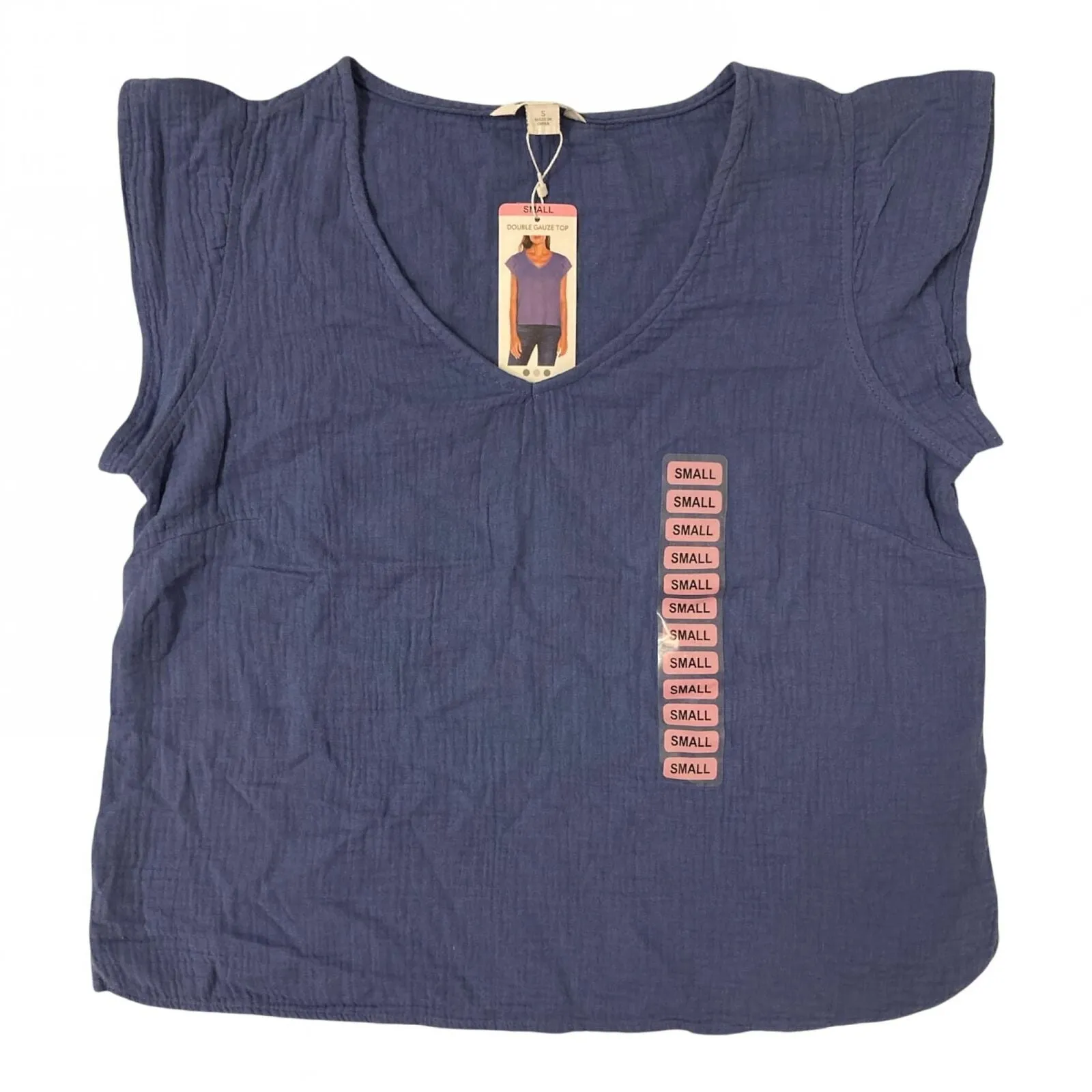 Three Dots Short Sleeve V-Neck Double Layer Cotton Gauze Shirt Periwinkle Blue L