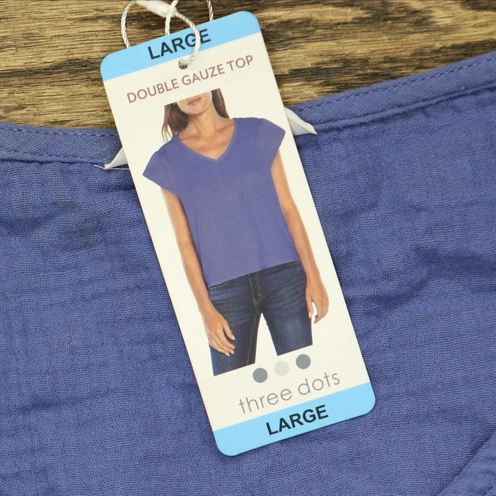 Three Dots Short Sleeve V-Neck Double Layer Cotton Gauze Shirt Periwinkle Blue L