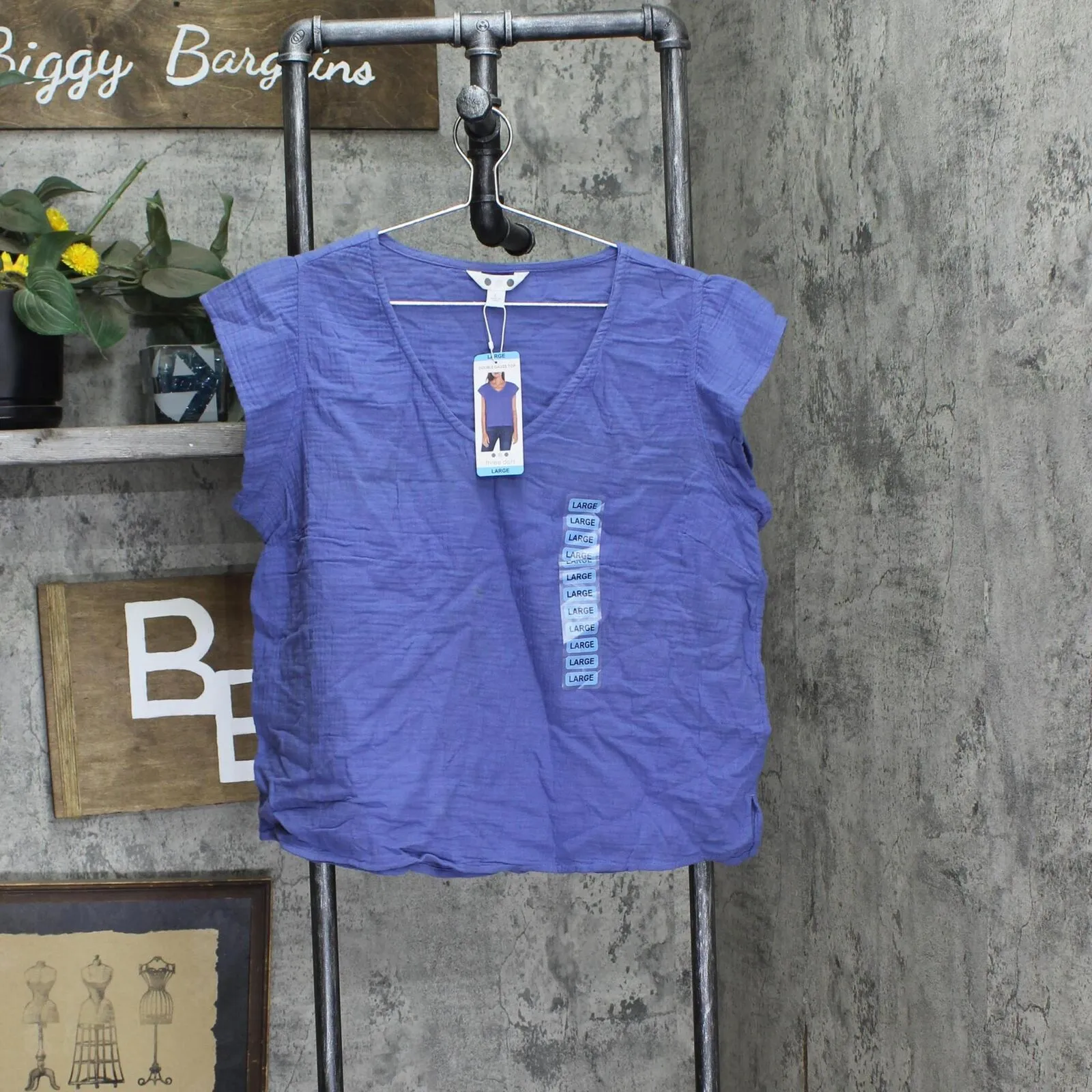 Three Dots Short Sleeve V-Neck Double Layer Cotton Gauze Shirt Periwinkle Blue L