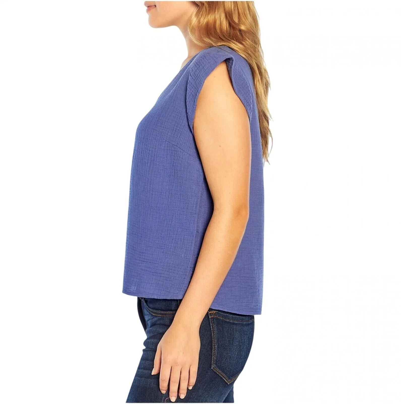 Three Dots Short Sleeve V-Neck Double Layer Cotton Gauze Shirt Periwinkle Blue L