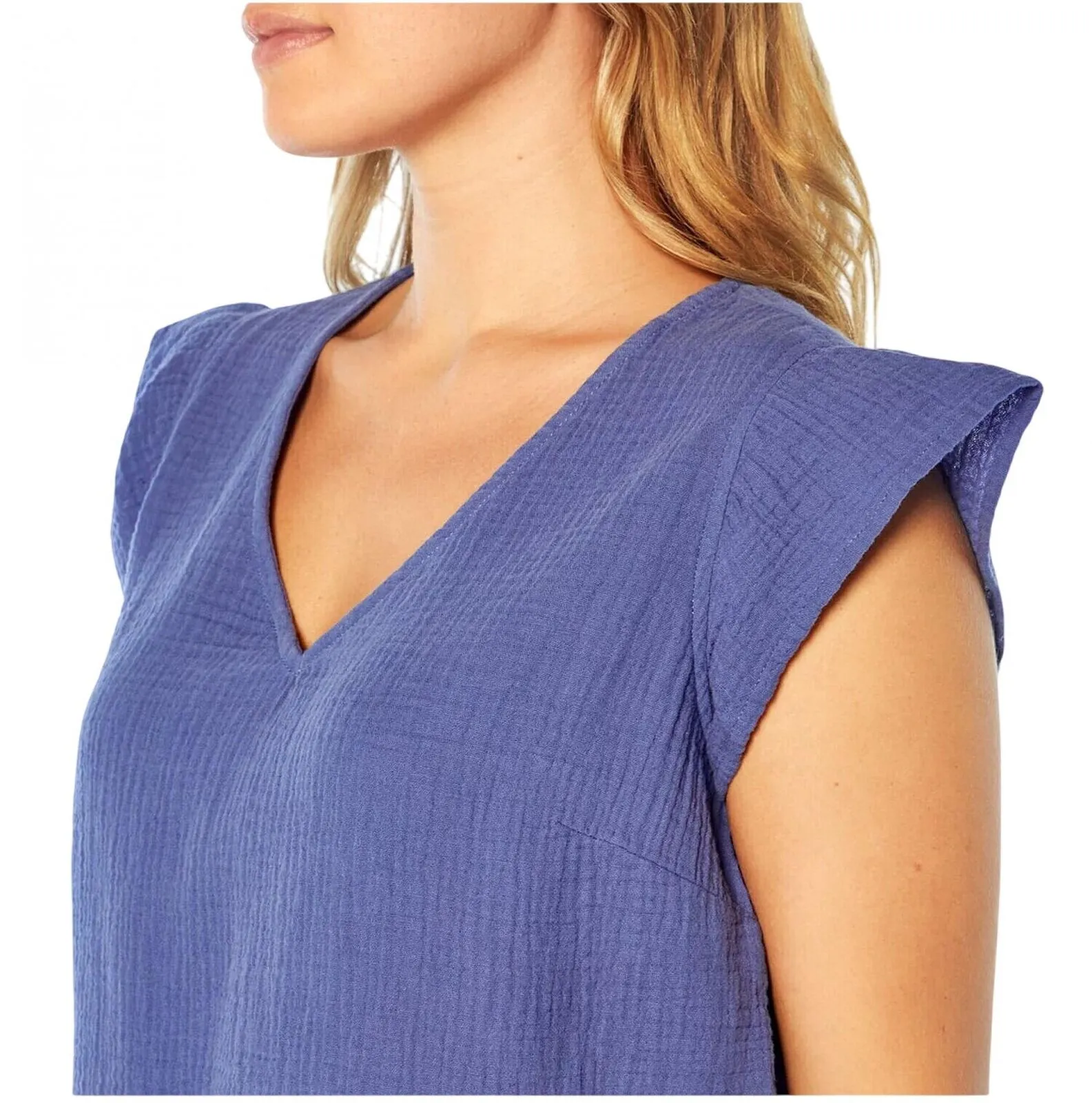 Three Dots Short Sleeve V-Neck Double Layer Cotton Gauze Shirt Periwinkle Blue L