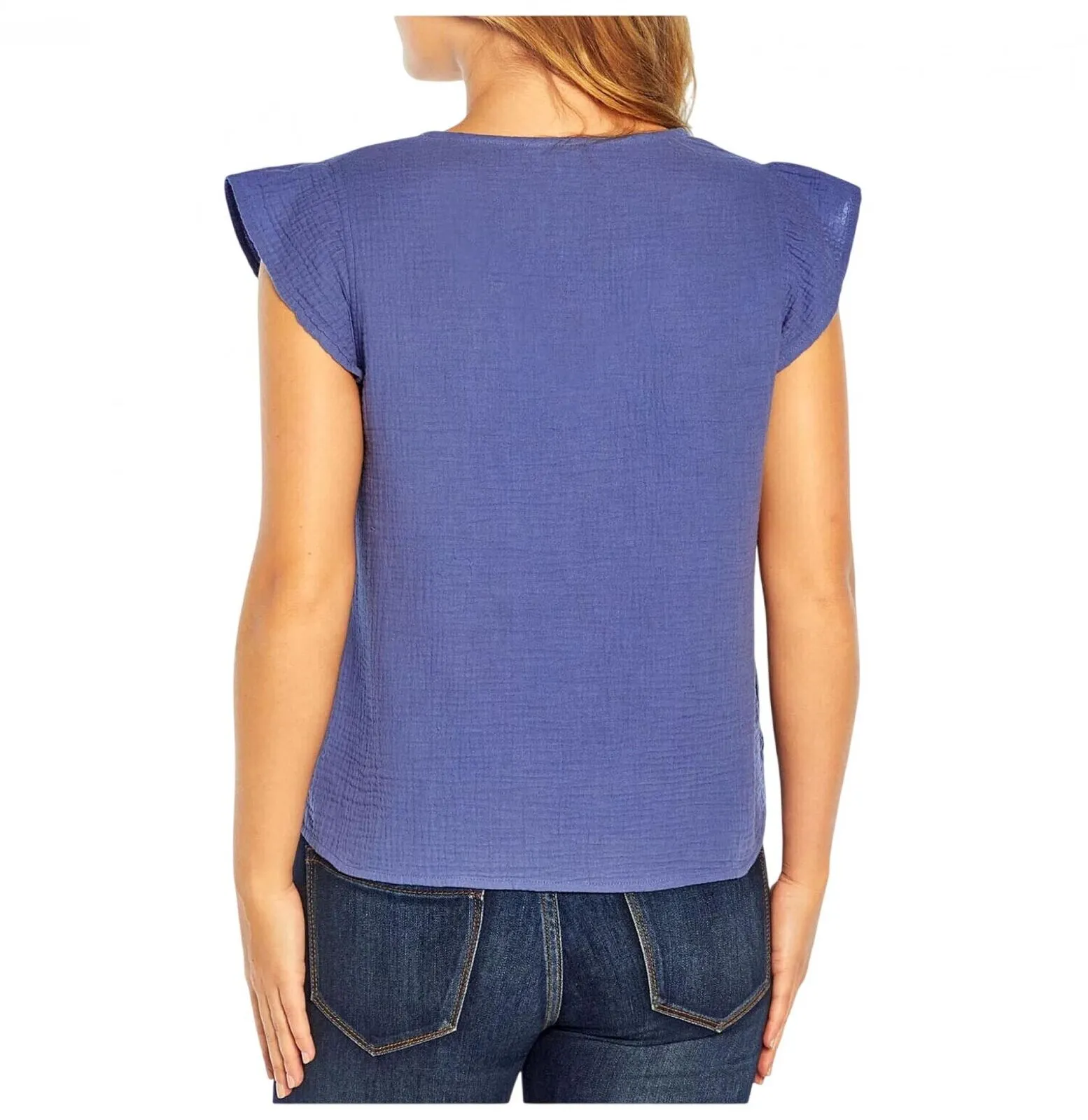 Three Dots Short Sleeve V-Neck Double Layer Cotton Gauze Shirt Periwinkle Blue L