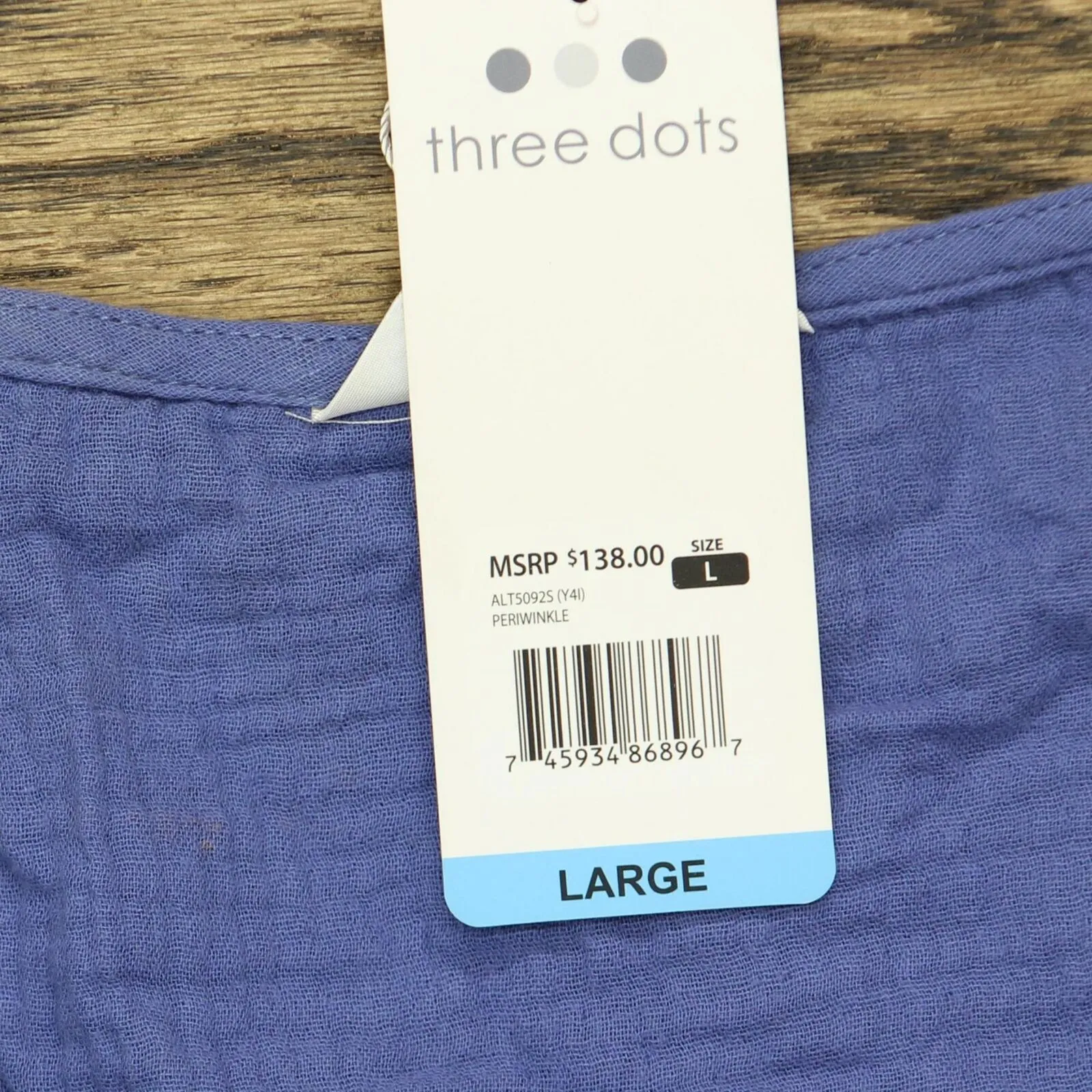 Three Dots Short Sleeve V-Neck Double Layer Cotton Gauze Shirt Periwinkle Blue L