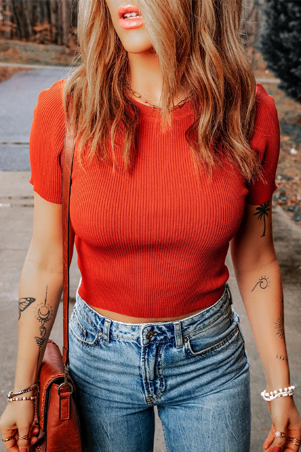 Tomato Red Ribbed Knit Crewneck Crop Sheath T Shirt