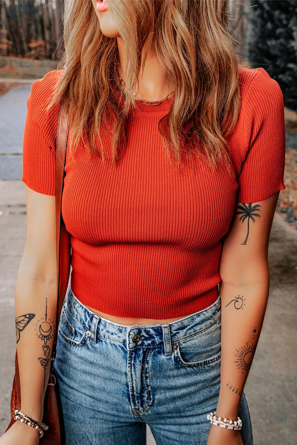 Tomato Red Ribbed Knit Crewneck Crop Sheath T Shirt