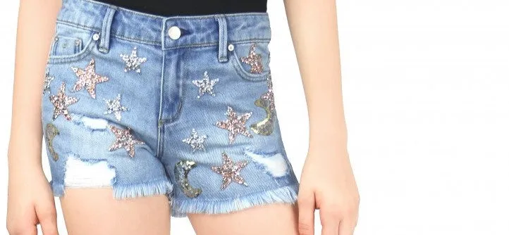 Tractr Girls Star and Moon Light Denim Shorts (4-14)