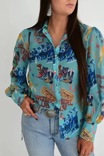 Turquoise Cowgirl Collage Button-Up