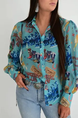 Turquoise Cowgirl Collage Button-Up