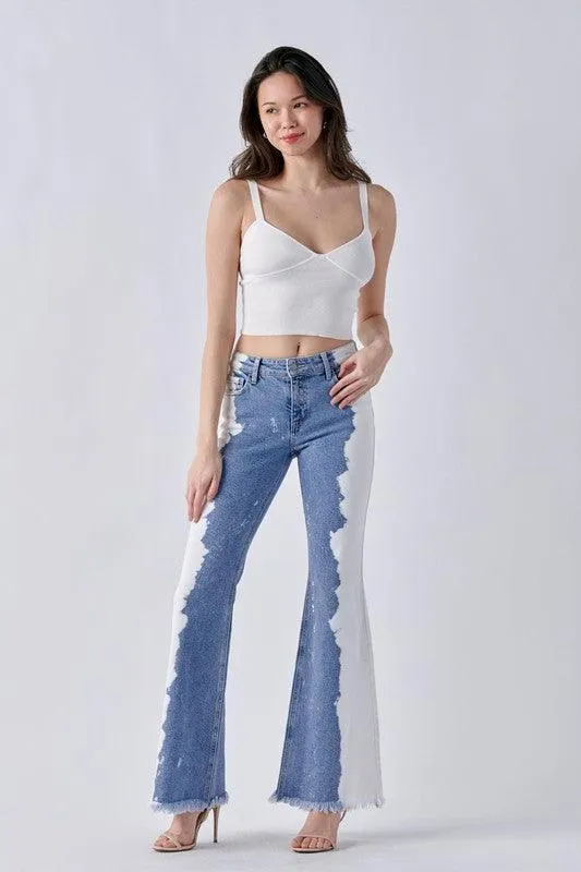 Two-Tone Mid Rise Frayed Hem Super Flare
