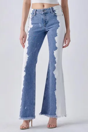 Two-Tone Mid Rise Frayed Hem Super Flare