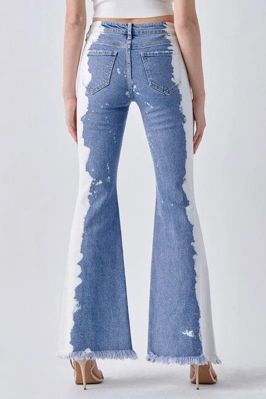 Two-Tone Mid Rise Frayed Hem Super Flare