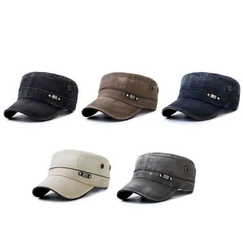 Unisex Cotton Washed Jeans Flat Hat  Vintage Military Style Army Flat Baseball Cap Adjustable