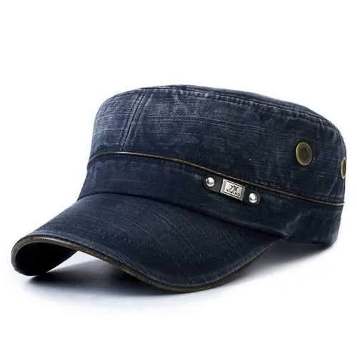 Unisex Cotton Washed Jeans Flat Hat  Vintage Military Style Army Flat Baseball Cap Adjustable