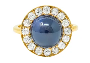 Vintage 6.09 CTW No Heat Australian Sapphire Diamond 18 Karat Gold Cabochon Cluster Ring GIA
