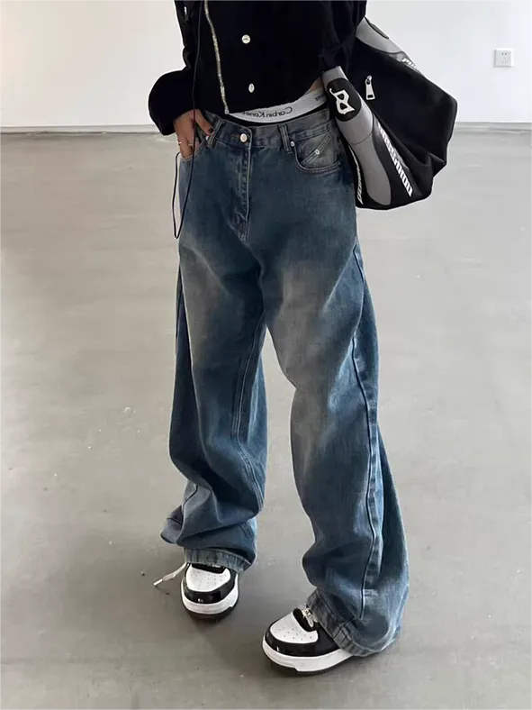 Vintage Blaue Boyfriend Jeans mit Wasch Effekt