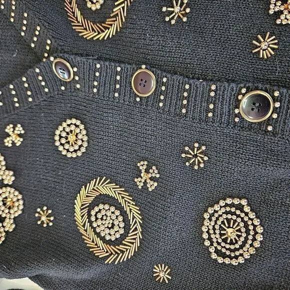 Vintage Victoria Jones Beaded Gold Embroidered Button Down Cardigan Sweater M