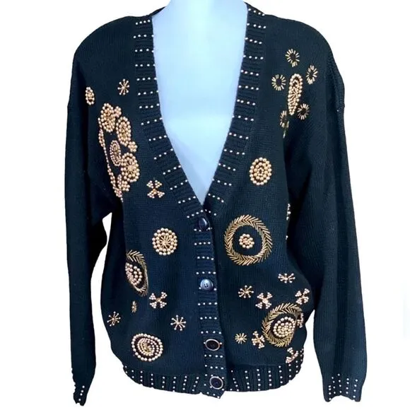 Vintage Victoria Jones Beaded Gold Embroidered Button Down Cardigan Sweater M