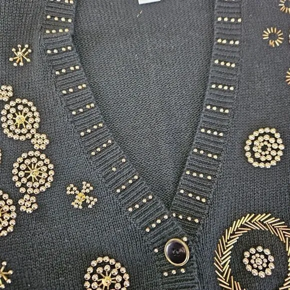 Vintage Victoria Jones Beaded Gold Embroidered Button Down Cardigan Sweater M