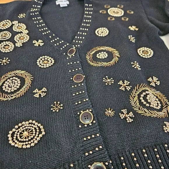 Vintage Victoria Jones Beaded Gold Embroidered Button Down Cardigan Sweater M