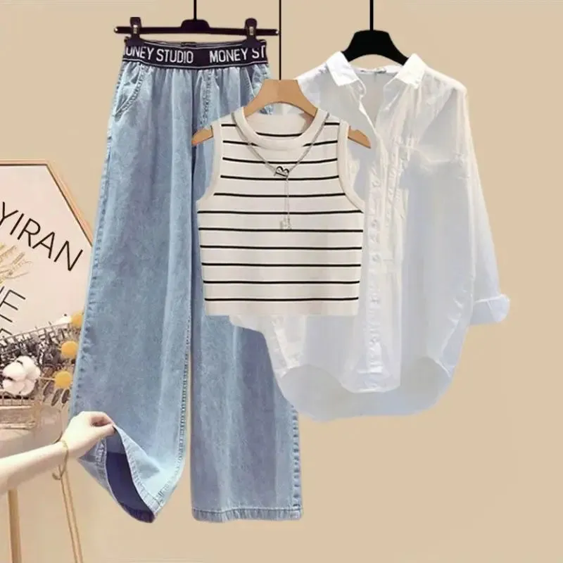 White Long Sleeve Shirt & Striped Vest With Wide Leg Jeans 3 Piece Matching Set