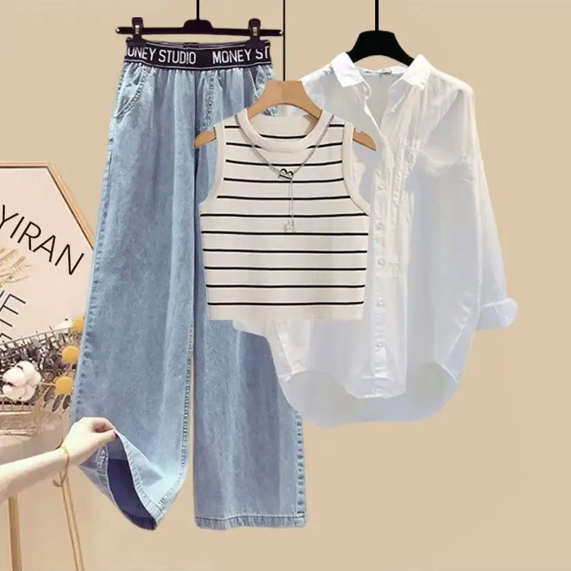 White Long Sleeve Shirt & Striped Vest With Wide Leg Jeans 3 Piece Matching Set