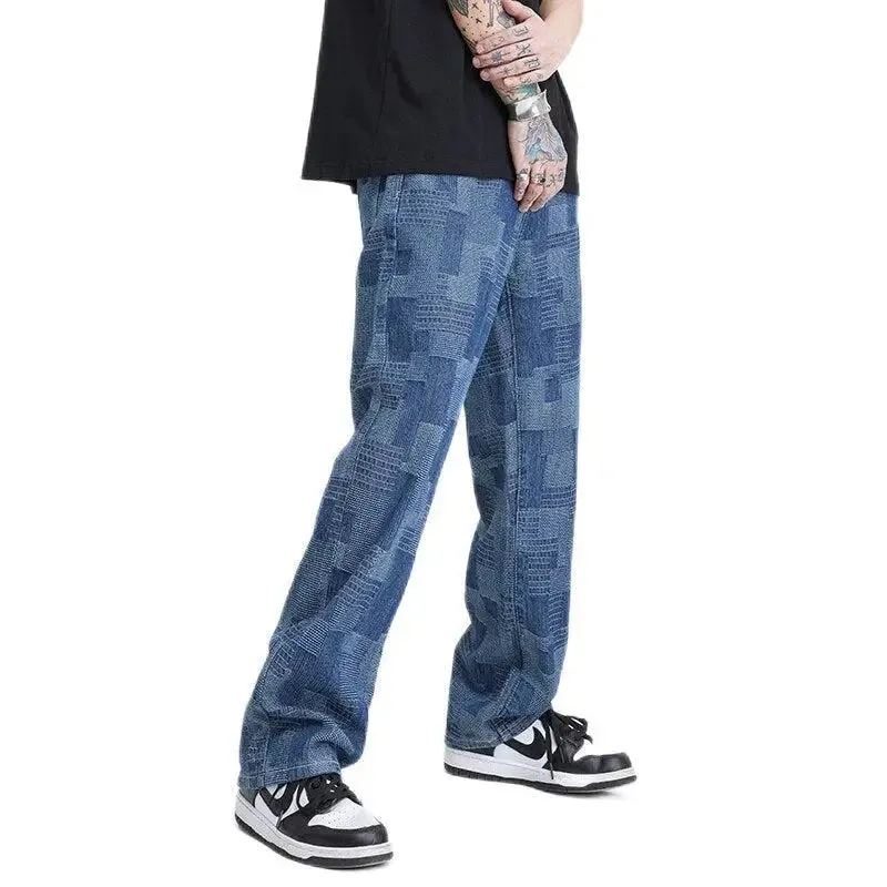 Wide Leg Patchwork Design Jeans for Modern Men