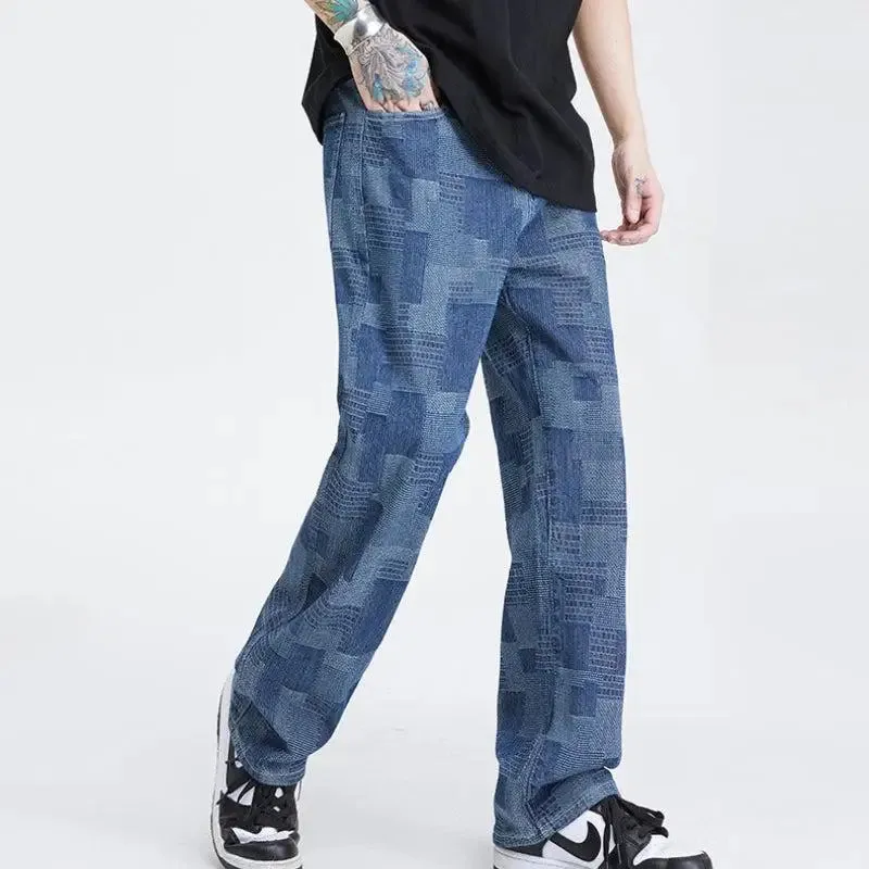 Wide Leg Patchwork Design Jeans for Modern Men