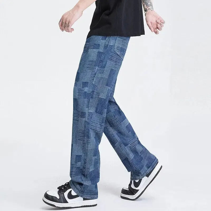 Wide Leg Patchwork Design Jeans for Modern Men